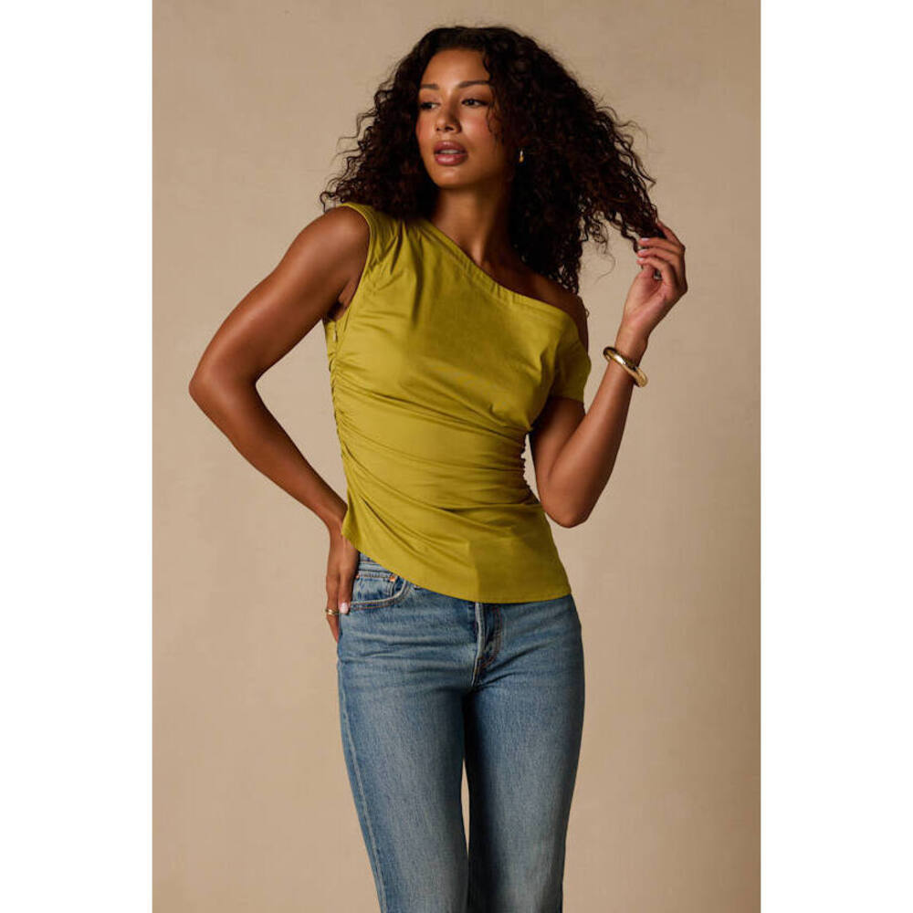 Lulus Debonair Chartreuse Poplin Ruched Asymmetrical Top Green - Size M